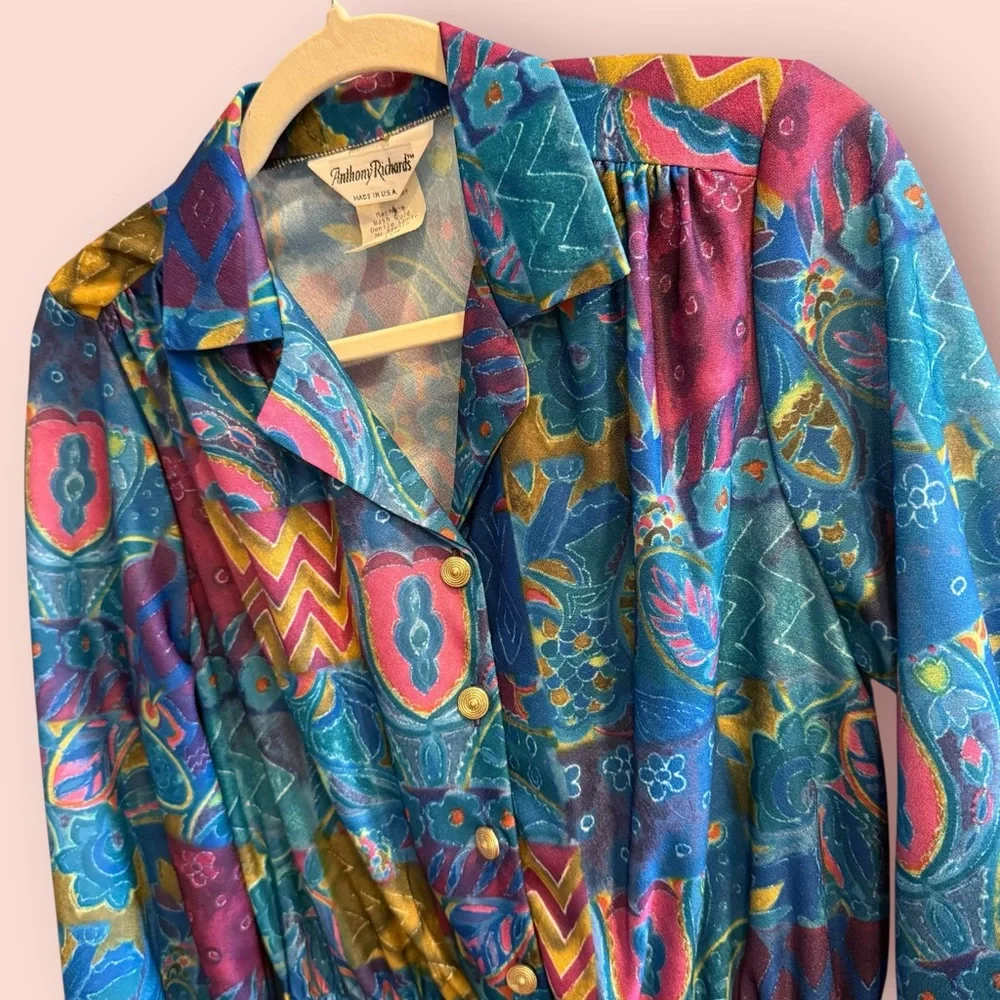 Vintage 80s Pleated Midi Dress | Jewel Tone Abstract Print Button Front - Picture 3 of 6